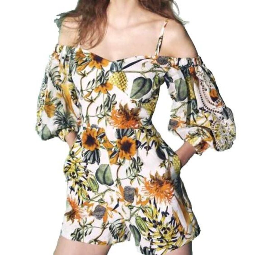 Nicholas Tropical Pineapple Linen Silk Cold Shoulder Playsuit Romper